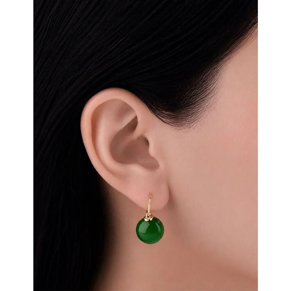 Anthropologie Green Glass Ball Drop Earrings Gold Tone Minimalist Dangle NWOT